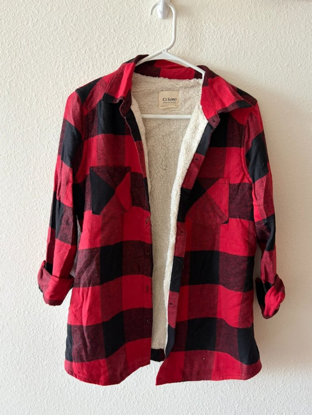 Ci Sono Red & Black Buffalo Plaid Sherpa-Lined Jacket — Size Medium